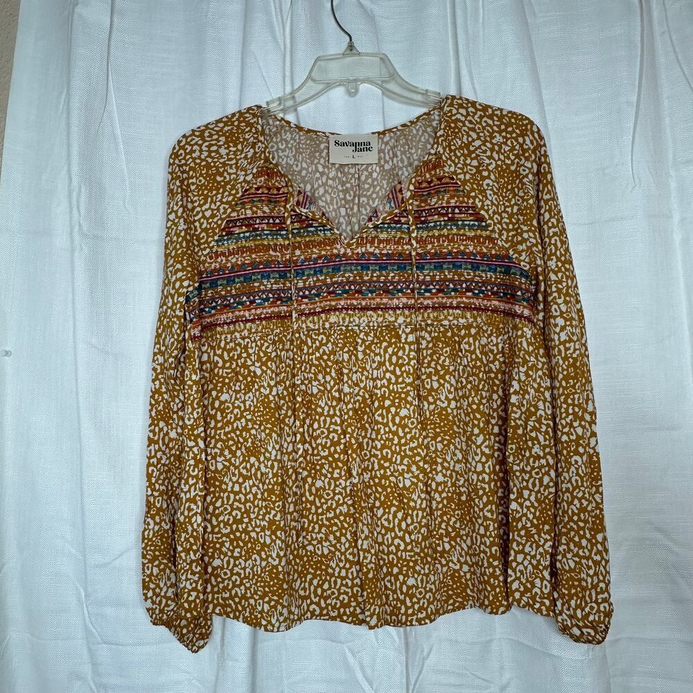 Savannah Jane Womens Marigold Leopard Printed Embroidery Long Sleeve Tunic Large
